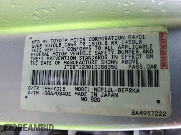 2001 Toyota ECHO with VIN JTDBT123010168350, listed as a Copart auction lot 48018345 with 215,298 mi miles and Clean title. Bid and sale history available at DreamBid. Image 12.