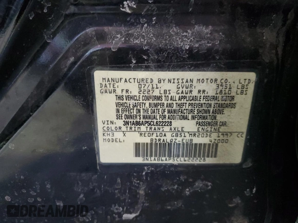 2012 Nissan Sentra S with VIN 3N1AB6AP5CL622228, listed as a Copart auction lot 46126995 with 142,756 mi miles and Clean title. Bid and sale history available at DreamBid. Image 12.