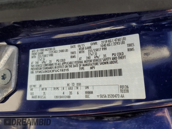 2015 Ford Escape SE with VIN 1FMCU9GX3FUC19315, listed as a Copart auction lot 52316925 with 120,528 mi miles and Salvage Title. Bid and sale history available at carsss.com. Image 13.