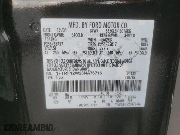 2006 Ford F-150 XL with VIN 1FTRF12W26NA76716, listed as a Copart auction lot 60450765 with 96,369 mi miles and Salvage title. Bid and sale history available at DreamBid. Image 12.
