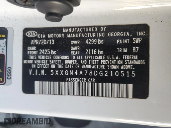 2013 Kia Optima EX with VIN 5XXGN4A78DG210515, listed as a Copart auction lot 88423895 with 170,450 mi miles and Salvage Title. Bid and sale history available at carsss.com. Image 13.