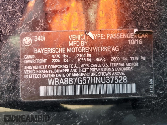 2017 BMW 3 Series 340i xDrive with VIN WBA8B7G57HNU37528, listed as a Copart auction lot 83870294 with 158,267 mi miles and Salvage title. Bid and sale history available at DreamBid. Image 12.