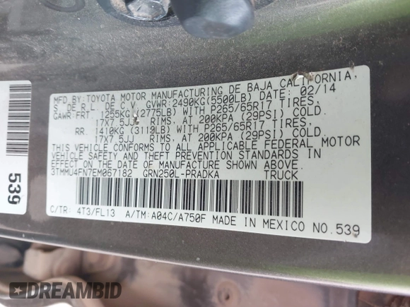 2014 Toyota Tacoma with VIN 3TMMU4FN7EM067182, listed as a IAAI auction lot 41108551 with 156,398 mi miles and . Bid and sale history available at DreamBid. Image 9.