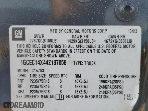 2004 Chevrolet Silverado 1500 Work Truck with VIN 1GCEC14X44Z187058, listed as a Copart auction lot 43433945 with 134,098 mi miles and Salvage Title. Bid and sale history available at carsss.com. Image 13.