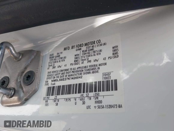 2019 Ford Transit Connect XL with VIN NM0LS6E27K1428842, listed as a IAAI auction lot 42115538 with 69,678 mi miles and . Bid and sale history available at DreamBid. Image 9.