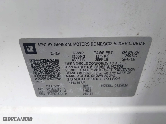 2020 Chevrolet Equinox LT with VIN 3GNAXUEV0LL191896, listed as a IAAI auction lot 41941333 with 77,057 mi miles. Bid and sale history available at carsss.com. Image 9.