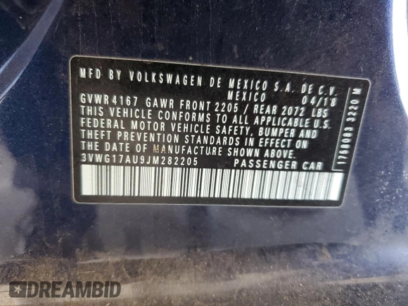 2018 Volkswagen Golf S z VIN 3VWG17AU9JM282205, wystawiony jako Copart lot #53161485 z przebiegiem 51 449 mil mil oraz Szkoda całkowita • Salvage title. Historia ofert i sprzedaży dostępna na DreamBid. Obrazek 13.