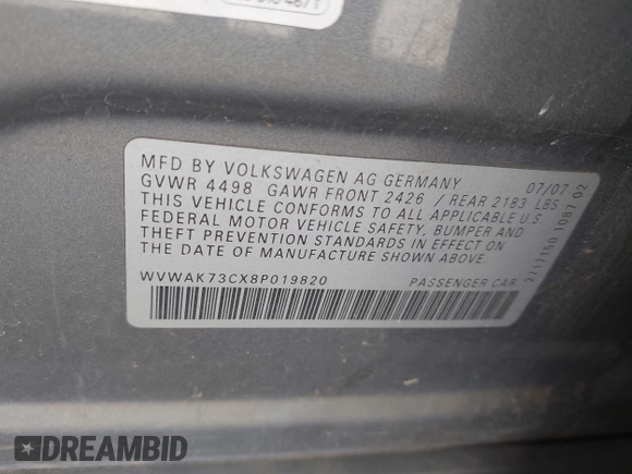 2008 Volkswagen Passat Komfort with VIN WVWAK73CX8P019820, listed as a IAAI auction lot 42641605 with 124,731 mi miles and . Bid and sale history available at DreamBid. Image 9.
