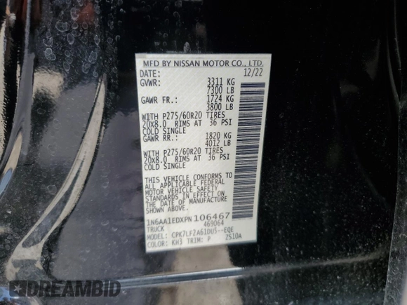 2023 Nissan Titan Platinum Reserve with VIN 1N6AA1EDXPN106467, listed as a Copart auction lot 53455215 with 56,061 mi miles and Salvage title. Bid and sale history available at DreamBid. Image 14.