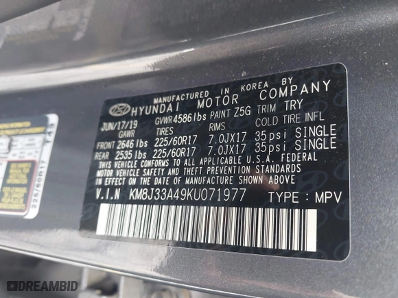2019 Hyundai Tucson Value with VIN KM8J33A49KU071977, listed as a IAAI auction lot 41515460 with 24,701 mi miles. Bid and sale history available at carsss.com. Image 9.
