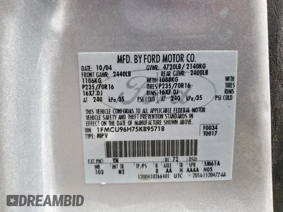 2005 Ford Escape Hybrid z VIN 1FMCU96H75KB95718, wystawiony jako Copart lot #60000825 z przebiegiem Nie podano mil oraz Czysty tytuł • Clean title. Historia ofert i sprzedaży dostępna na DreamBid. Obrazek 13.