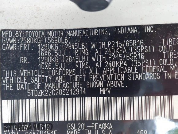 2008 Toyota Sienna XLE с VIN 5TDZK22C28S212914, выставлен на аукционе IAAI как лот 42764061 с пробегом 250 954 миль миль и . История ставок и продаж доступна на DreamBid. Изображение 9.