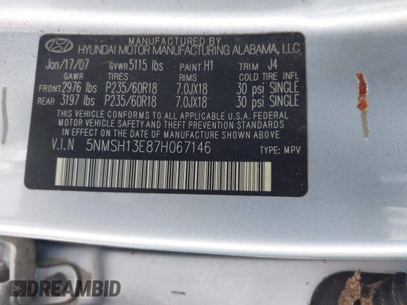 2007 Hyundai Santa Fe SE with VIN 5NMSH13E87H067146, listed as a IAAI auction lot 42500914 with 159,425 mi miles and . Bid and sale history available at DreamBid. Image 9.