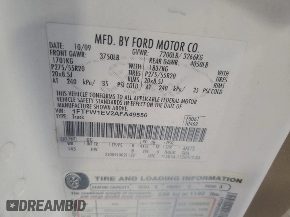 2010 Ford F-150 XL with VIN 1FTFW1EV2AFA49556, listed as a Copart auction lot 62286275 with 154,176 mi miles and Salvage title. Bid and sale history available at DreamBid. Image 12.