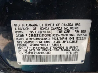 2006 Honda Pilot EX-L with VIN 2HKYF18566H554131, listed as a IAAI auction lot 42014554 with 187,765 mi miles. Bid and sale history available at carsss.com. Image 9.