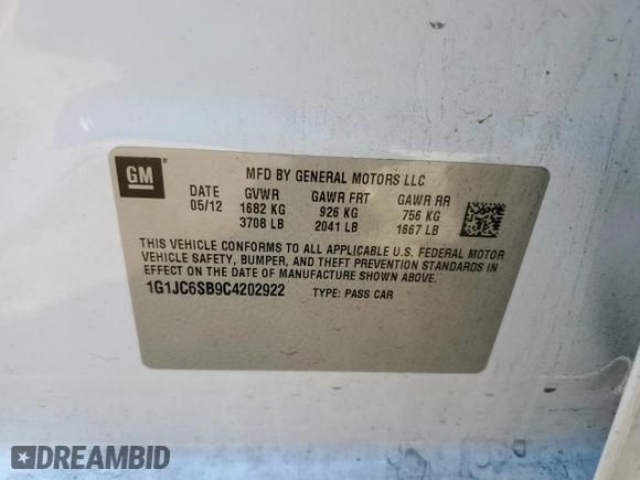 2012 Chevrolet Sonic LT with VIN 1G1JC6SB9C4202922, listed as a Copart auction lot 52439265 with 71,106 mi miles and Salvage Title. Bid and sale history available at carsss.com. Image 12.