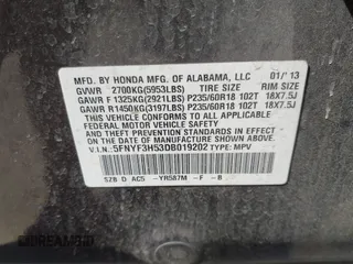 2013 Honda Pilot EX-L с VIN 5FNYF3H53DB019202, выставлен на аукционе IAAI как лот 42000242 с пробегом 155 587 миль миль и . История ставок и продаж доступна на DreamBid. Изображение 9.