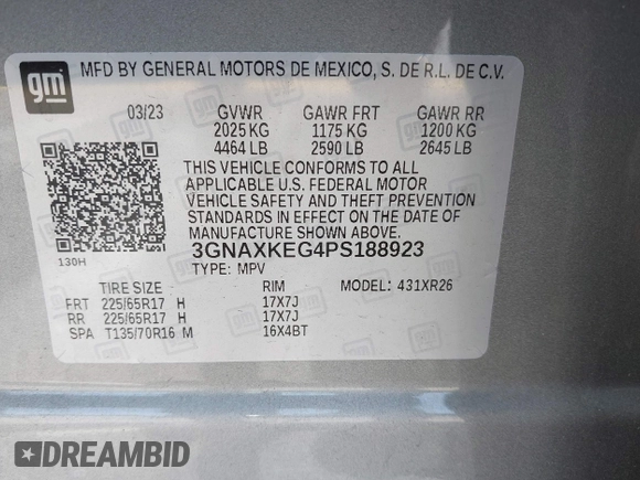 2023 Chevrolet Equinox LT with VIN 3GNAXKEG4PS188923, listed as a IAAI auction lot 42175892 with 65,490 mi miles and . Bid and sale history available at DreamBid. Image 9.