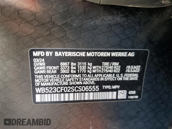 2025 BMW iX xDrive50 z VIN WB523CF02SCS06555, wystawiony jako Copart lot #55291115 z przebiegiem Nie podano mil oraz Szkoda całkowita • Salvage title. Historia ofert i sprzedaży dostępna na DreamBid. Obrazek 13.