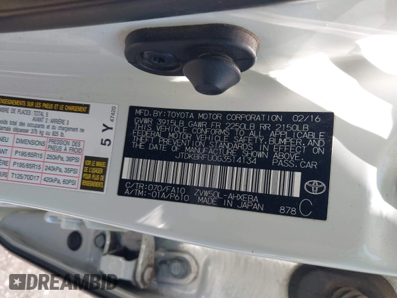 2016 Toyota Prius Two with VIN JTDKBRFU0G3514134, listed as a IAAI auction lot 41867373 with 227,963 mi miles and . Bid and sale history available at DreamBid. Image 9.