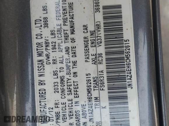 2012 Nissan 370Z с VIN JN1AZ4EH6CM562615, выставлен на аукционе Copart как лот 47623125 с пробегом 86 468 миль миль и Списание • Salvage title. История ставок и продаж доступна на DreamBid. Изображение 14.