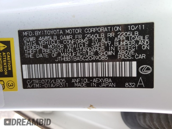 2012 Lexus HS with VIN JTHBB1BA5C2049085, listed as a Copart auction lot 80085624 with 130,558 mi miles and Salvage Title. Bid and sale history available at carsss.com. Image 12.