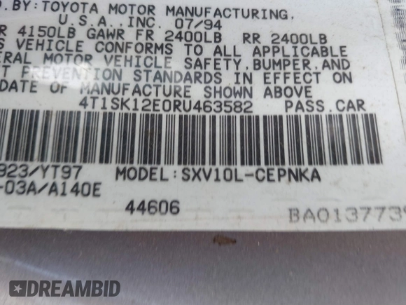 1994 Toyota Camry LE z VIN 4T1SK12E0RU463582, wystawiony jako IAAI lot #41823733 z przebiegiem 120 050 mil mil oraz . Historia ofert i sprzedaży dostępna na DreamBid. Obrazek 9.