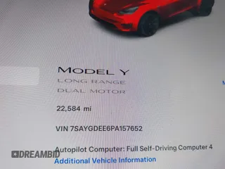 2023 Tesla Model Y Long Range with VIN 7SAYGDEE6PA157652, listed as a IAAI auction lot 41866777 with 22,584 mi miles. Bid and sale history available at carsss.com. Image 7.