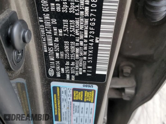 2015 Kia Sorento EX with VIN 5XYKU4A73FG571081, listed as a Copart auction lot 88085145 with 126,635 mi miles and Salvage Title. Bid and sale history available at carsss.com. Image 15.
