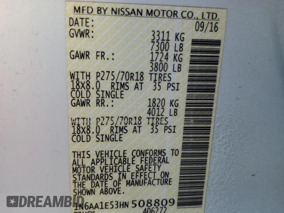 2017 Nissan Titan SL z VIN 1N6AA1E53HN508809, wystawiony jako Copart lot #47577705 z przebiegiem 50 888 mil mil oraz Szkoda całkowita • Salvage title. Historia ofert i sprzedaży dostępna na DreamBid. Obrazek 12.