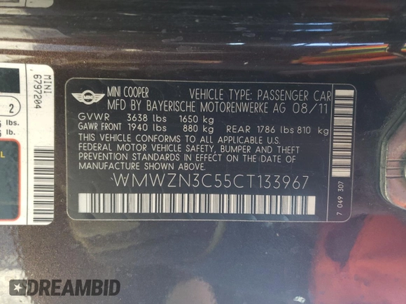 2012 MINI Convertible with VIN WMWZN3C55CT133967, listed as a Copart auction lot 88546705 with 104,357 mi miles and Non repairable. Bid and sale history available at DreamBid. Image 12.