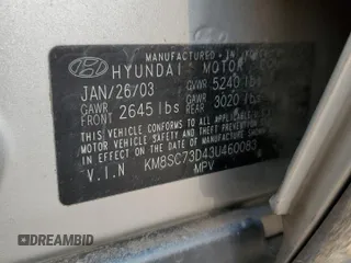 2003 Hyundai Santa Fe GLS with VIN KM8SC73D43U460083, listed as a Copart auction lot 70060594 with 0 mi miles and Salvage Title. Bid and sale history available at carsss.com. Image 12.