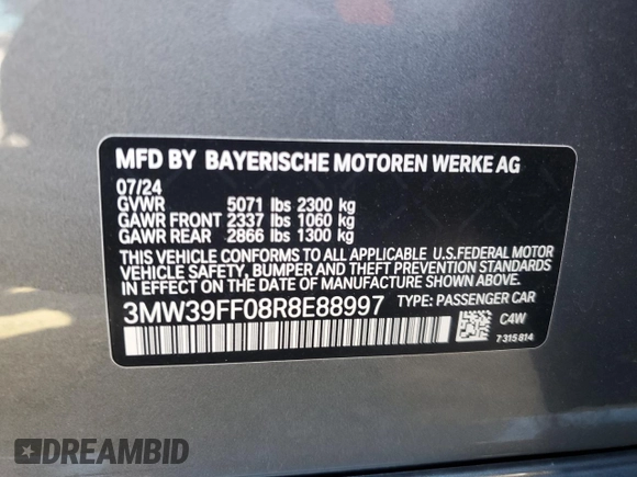 2024 BMW 3 Series 330e with VIN 3MW39FF08R8E88997, listed as a Copart auction lot 79306624 with 0 mi miles and Salvage Title. Bid and sale history available at carsss.com. Image 12.