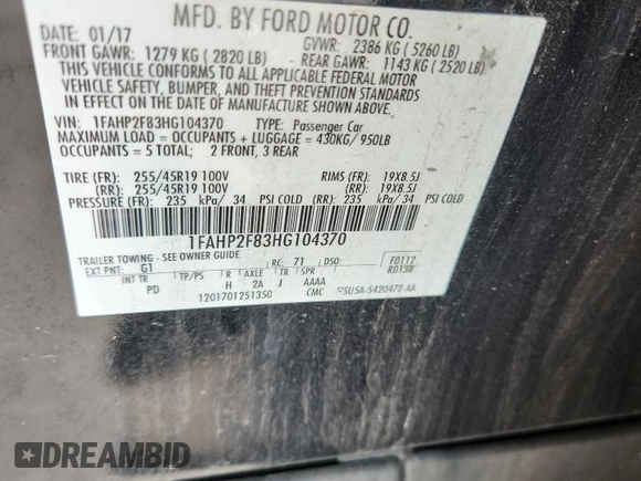 2017 Ford Taurus Limited with VIN 1FAHP2F83HG104370, listed as a Copart auction lot 61779915 with 105,849 mi miles and Clean title. Bid and sale history available at DreamBid. Image 12.