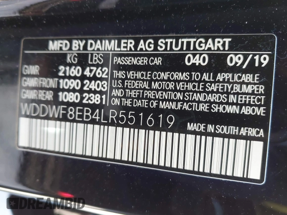 2020 Mercedes-Benz C 300 with VIN WDDWF8EB4LR551619, listed as a IAAI auction lot 41434695 with 59,920 mi miles and . Bid and sale history available at DreamBid. Image 9.