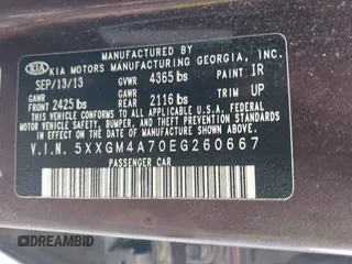 2014 Kia Optima LX with VIN 5XXGM4A70EG260667, listed as a IAAI auction lot 42531882 with 147,829 mi miles and . Bid and sale history available at DreamBid. Image 9.