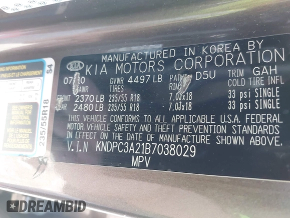 2011 Kia Sportage EX with VIN KNDPC3A21B7038029, listed as a IAAI auction lot 42819123 with 169,916 mi miles and . Bid and sale history available at DreamBid. Image 9.