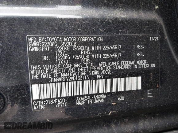 2021 Toyota RAV4 Hybrid XLE with VIN JTMRWRFV2MD133113, listed as a IAAI auction lot 42087394 with 103,019 mi miles and . Bid and sale history available at DreamBid. Image 9.