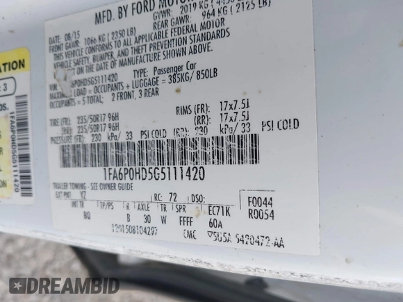 2016 Ford Fusion SE with VIN 1FA6P0HD5G5111420, listed as a IAAI auction lot 42365067 with 155,984 mi miles and . Bid and sale history available at DreamBid. Image 9.