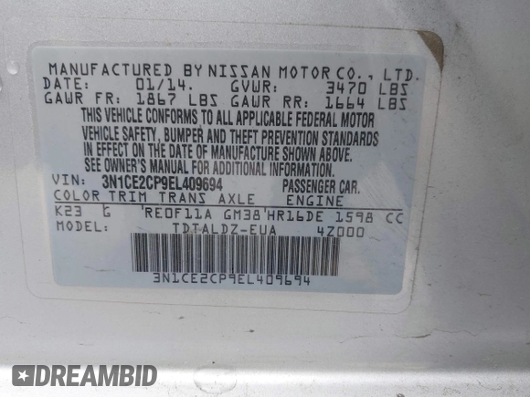 2014 Nissan Note SV with VIN 3N1CE2CP9EL409694, listed as a IAAI auction lot 41807269 with 141,063 mi miles and . Bid and sale history available at DreamBid. Image 9.