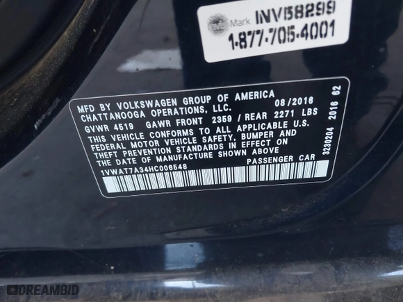2017 Volkswagen Passat 1.8T S with VIN 1VWAT7A34HC006548, listed as a IAAI auction lot 41741466 with 110,330 mi miles. Bid and sale history available at carsss.com. Image 9.