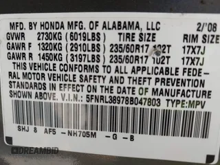 2008 Honda Odyssey Touring z VIN 5FNRL38978B047803, wystawiony jako IAAI lot #42427855 z przebiegiem 125 697 mil mil oraz . Historia ofert i sprzedaży dostępna na DreamBid. Obrazek 9.