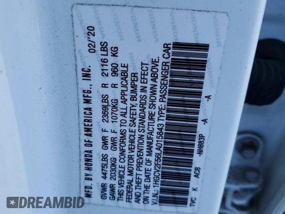 2020 Honda Accord EX-L with VIN 1HGCV2F56LA015843, listed as a Copart auction lot 47088025 with 65,882 mi miles and Salvage title. Bid and sale history available at DreamBid. Image 12.