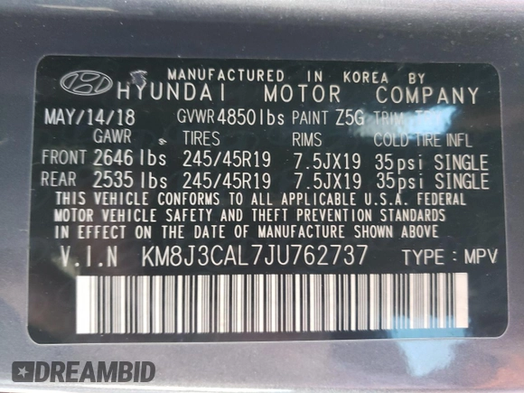 2018 Hyundai Tucson Sport z VIN KM8J3CAL7JU762737, wystawiony jako Copart lot #83538404 z przebiegiem 76 983 mil mil oraz Szkoda całkowita • Salvage title. Historia ofert i sprzedaży dostępna na DreamBid. Obrazek 14.