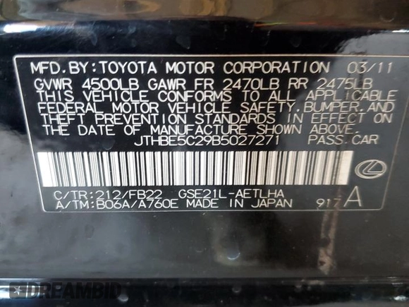 2011 Lexus IS 350 with VIN JTHBE5C29B5027271, listed as a Copart auction lot 46533325 with 163,037 mi miles and Salvage Title. Bid and sale history available at carsss.com. Image 13.
