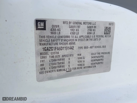 2013 Chevrolet Express Passenger 1LT with VIN 1GAZG1FA6D1191442, listed as a IAAI auction lot 41911629 with 122,796 mi miles. Bid and sale history available at carsss.com. Image 9.