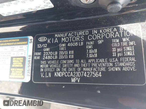 2013 Kia Sportage EX with VIN KNDPCCA23D7427564, listed as a IAAI auction lot 42681328 with 111,963 mi miles and . Bid and sale history available at DreamBid. Image 9.
