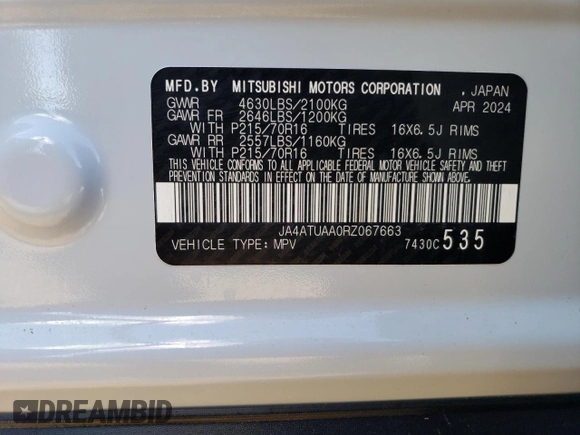 2024 Mitsubishi Eclipse Cross ES z VIN JA4ATUAA0RZ067663, wystawiony jako Copart lot #80663844 z przebiegiem 4 mil mil oraz Szkoda całkowita • Salvage title. Historia ofert i sprzedaży dostępna na DreamBid. Obrazek 12.