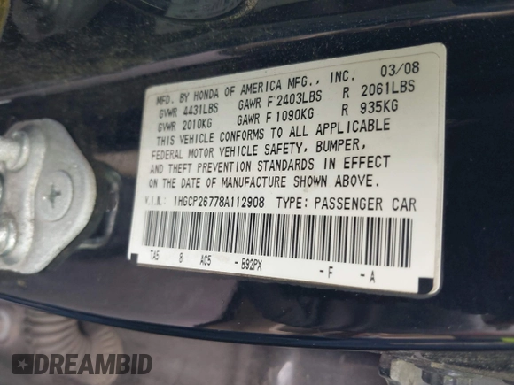 2008 Honda Accord EX with VIN 1HGCP26778A112908, listed as a IAAI auction lot 42130209 with 195,403 mi miles and . Bid and sale history available at DreamBid. Image 9.
