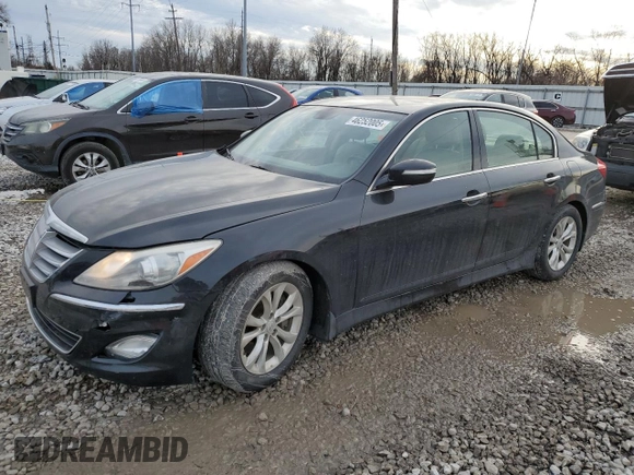 2013 Hyundai Genesis 3.8L with VIN KMHGC4DDXDU216586, listed as a Copart auction lot 46252005 with 166,975 mi miles and Salvage Title. Bid and sale history available at carsss.com. Image 1.